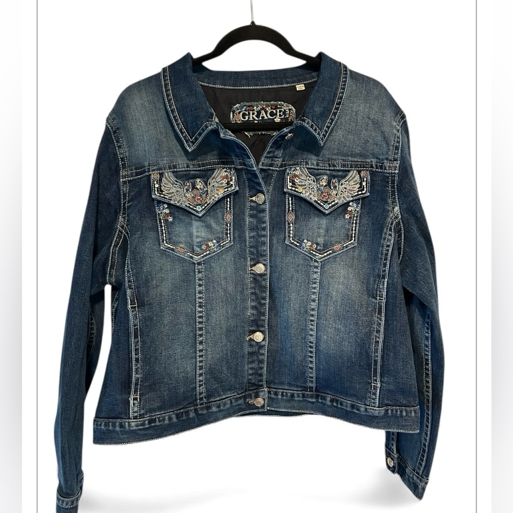 Grace Blue Denim Jacket with Angel Wings XL - Picture 1 of 6